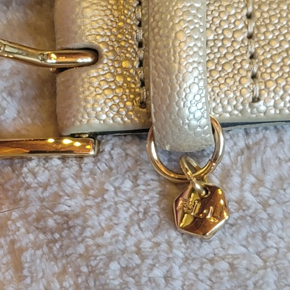 Lauren Ralph Lauren Designer Gold Pebbled Leather Belt Gold Logo Charm M - Picture 3 of 6